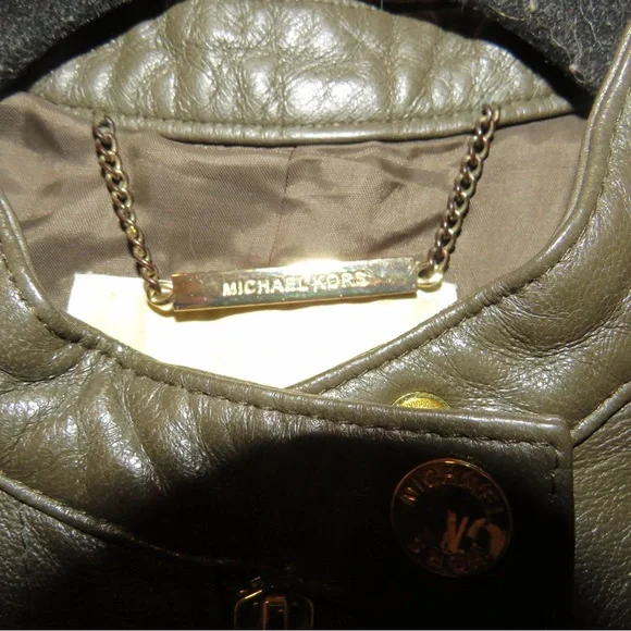 Michael Kors Green Leather Moto Jacket Fitted Cropped Design